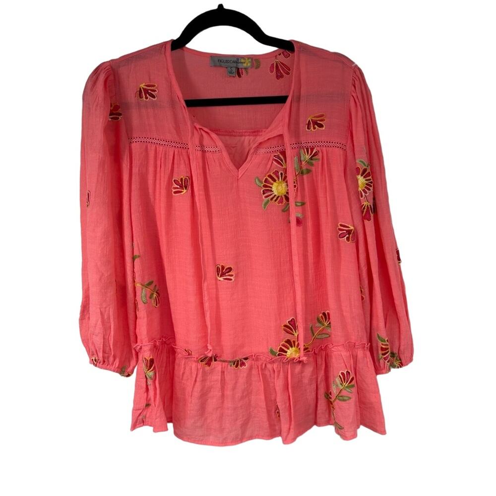 FIGLEROA & Flower Womens Tunic Blouse‎ M Coral Pink Boho Embroidered V Neck Tie
